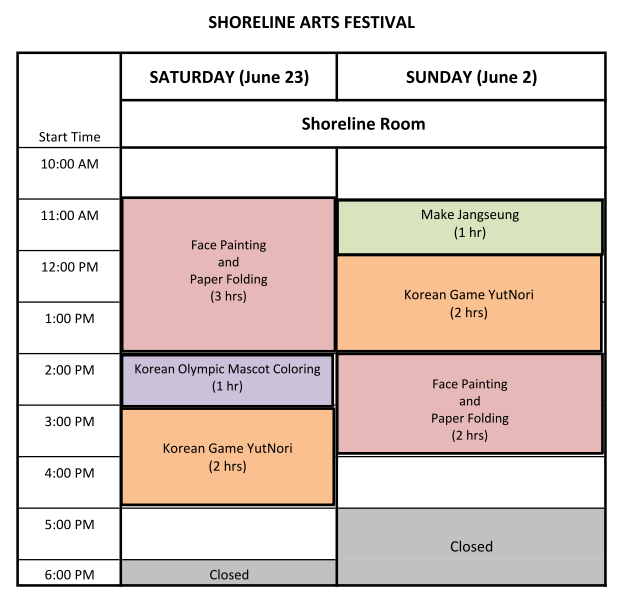 2018 Shoreline Arts Festival Korean Culture Room Schedule